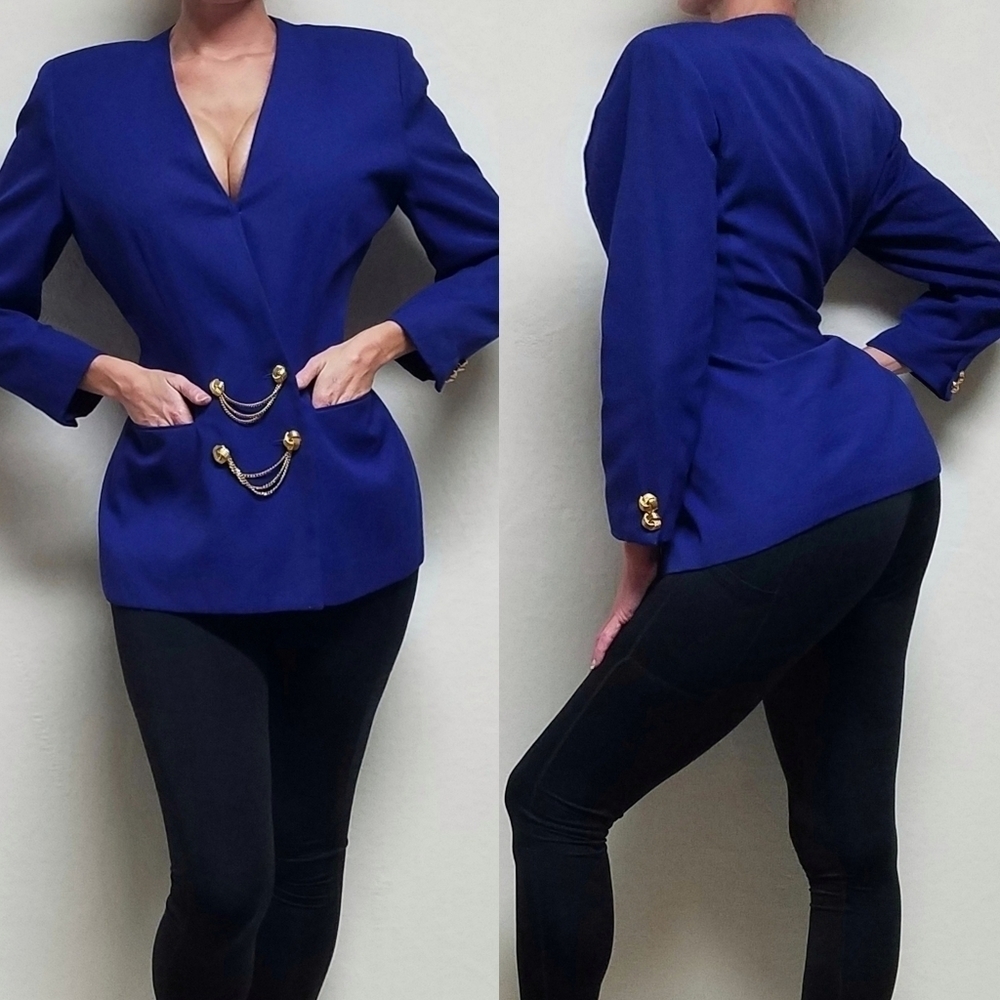 VINTAGE 90s Stirling Cooper Royal Blue Gold Chain Adorned Knot Button Blazer